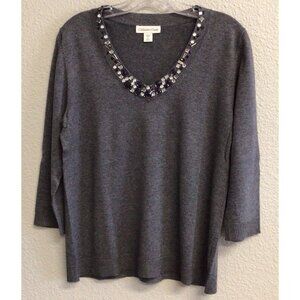 Coldwater Creek Sweater Women's Medium 3/4 Sleeve Embellish Neckline V-Neck